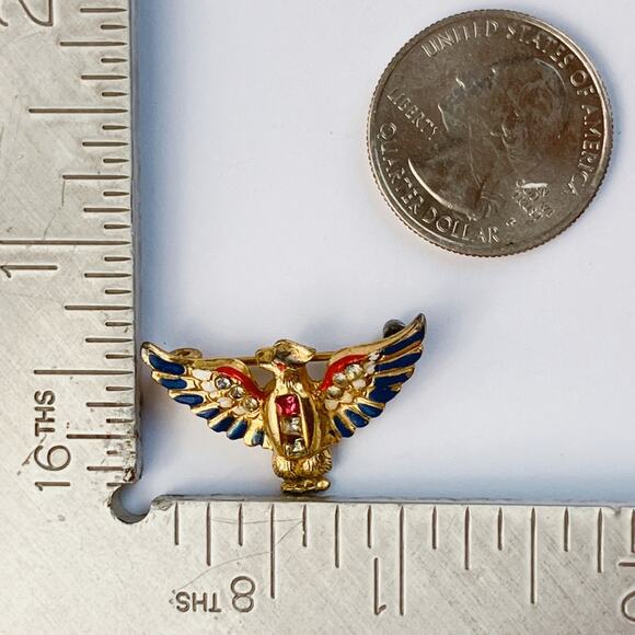 Signed Coro WWII Sterling Craft Eagle 1940s Pin Gold Wash Enamel Brooch Vermeil - Picture 6 of 11